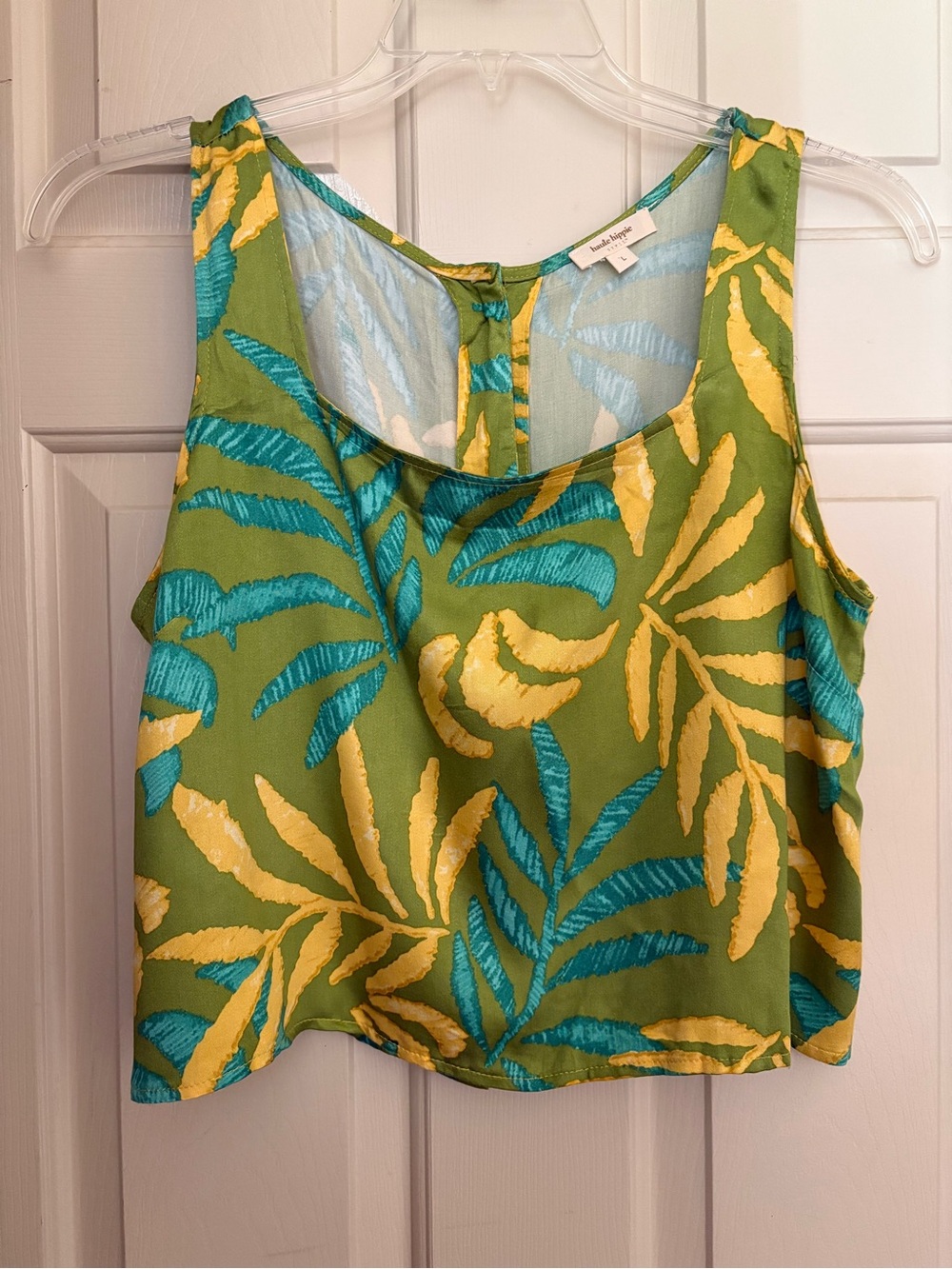 Haute Hippie Size Large Sleeveless Tropical Print Crop Top in Green & Yellow